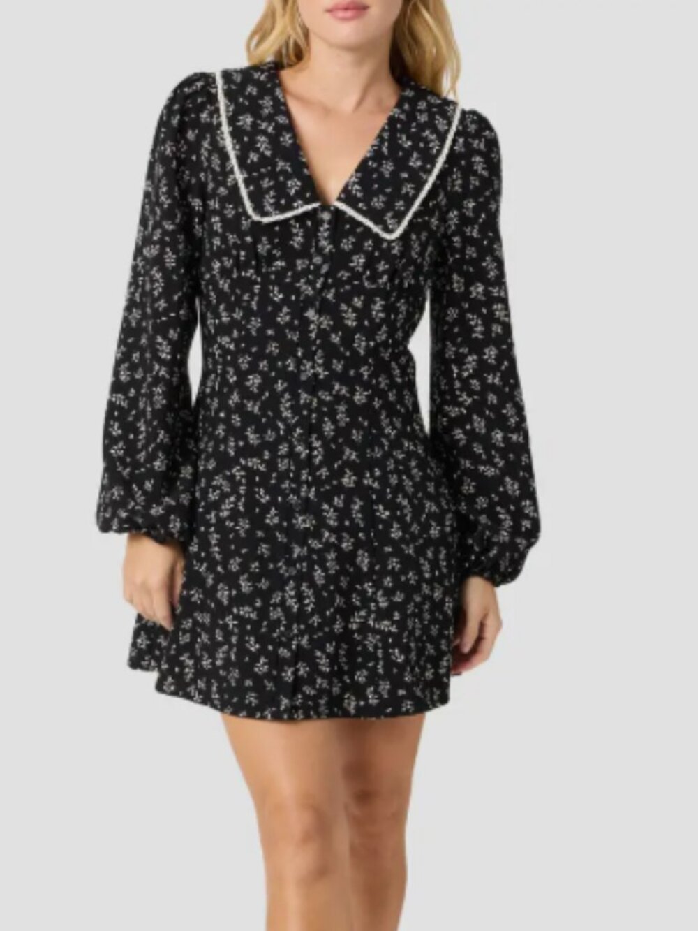All In Favor Floral Mini Dress Peter Pan Collar Long Sleeve Black XL